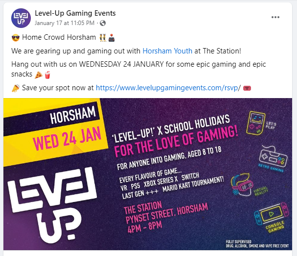 Paid social media promotion of the event, targeted in event geographical area